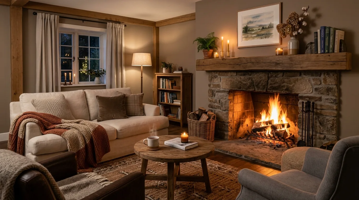 Use warmer lighting throughout the room instead of one source inspiration for a cozy living room.